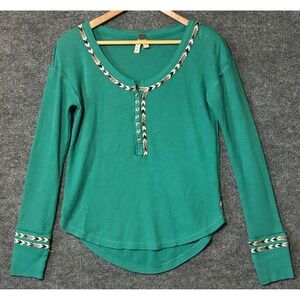 Free People We The Free Teal Green Waffle Knit Henley Top Patterned Trim Small